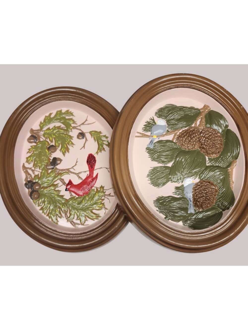 Large Chalkware Wall Plaques Birds in Trees Oval Handpainted Vintage Pair